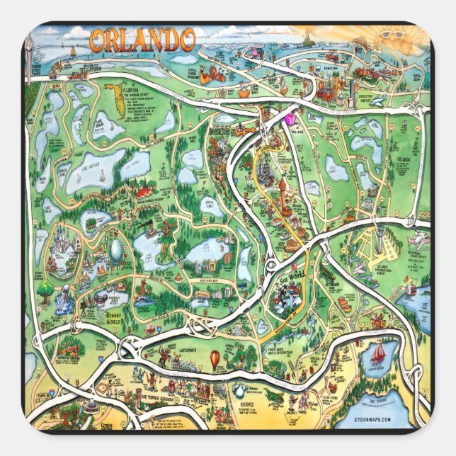 Sticker Carré Carte du dessin animé Orlando Florida (Devant)