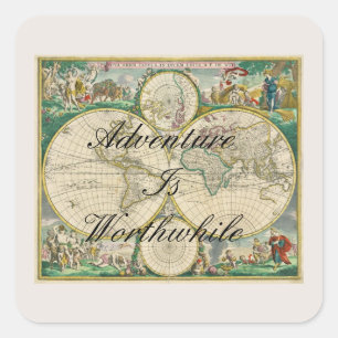 Sticker Carré carte du monde ancien voyage vacances aventure cit