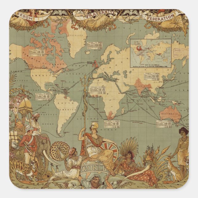 Sticker Carré Carte du monde Antique 1886 Illustré (Devant)