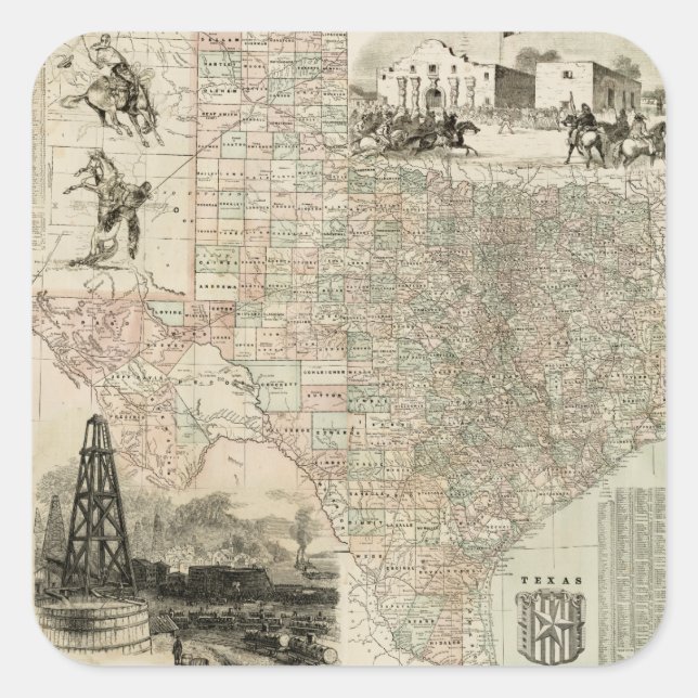 Sticker Carré Carte du Texas aux frontières du comté (Devant)