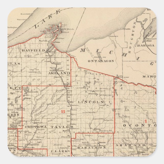 Sticker Carré Carte du Wisconsin montrant les districts sénatori (Devant)