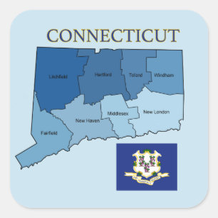 Sticker Carré Carte et drapeau du Connecticut avec des comtés
