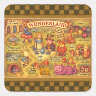 Sticker Carré Carte Fantaisiste des Aventures d'Alice au Pays de