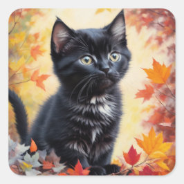 Sticker Carré Carte Plat de scène d'automne Black Kitten