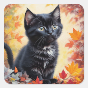 Sticker Carré Carte Plat de scène d'automne Black Kitten