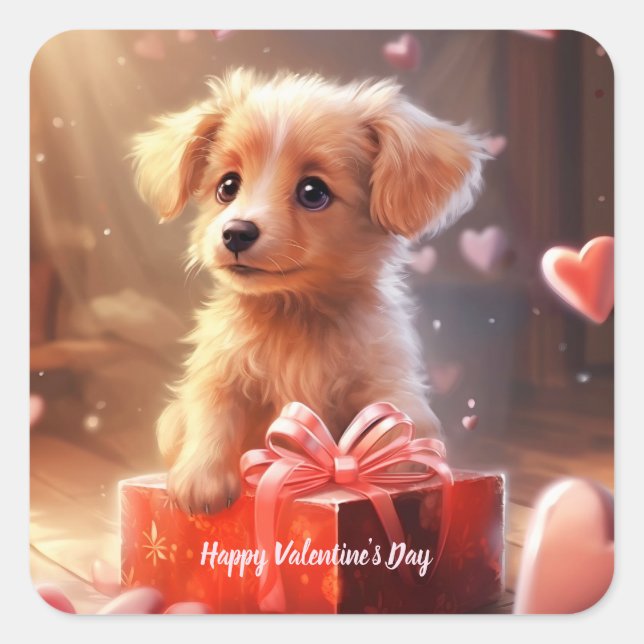 Sticker Carré Carte postale du chiot de la Saint-Valentin (Devant)
