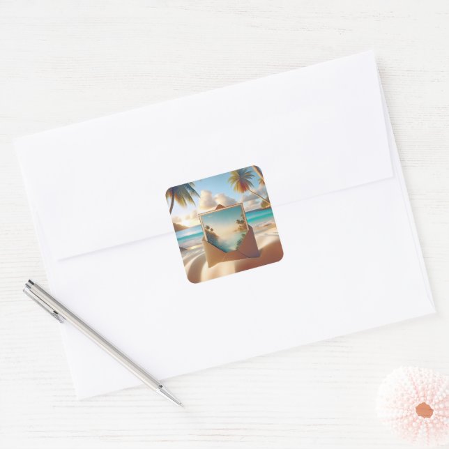 Sticker Carré Carte Postale Tropical Island En Enveloppe (Enveloppe)