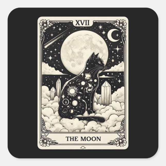 Sticker Carré Carte Tarot Cat La Lune Graphique (Devant)