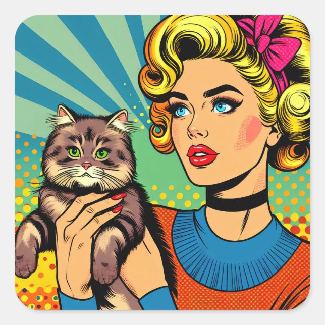 Sticker Carré Cartoon Comic Pop Art Femmes tenant un chat (Devant)