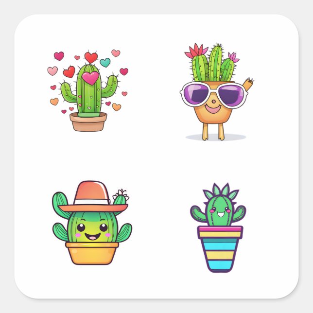 Sticker Carré Cartoon mignonne Cactus Funny 4 Pack (Devant)