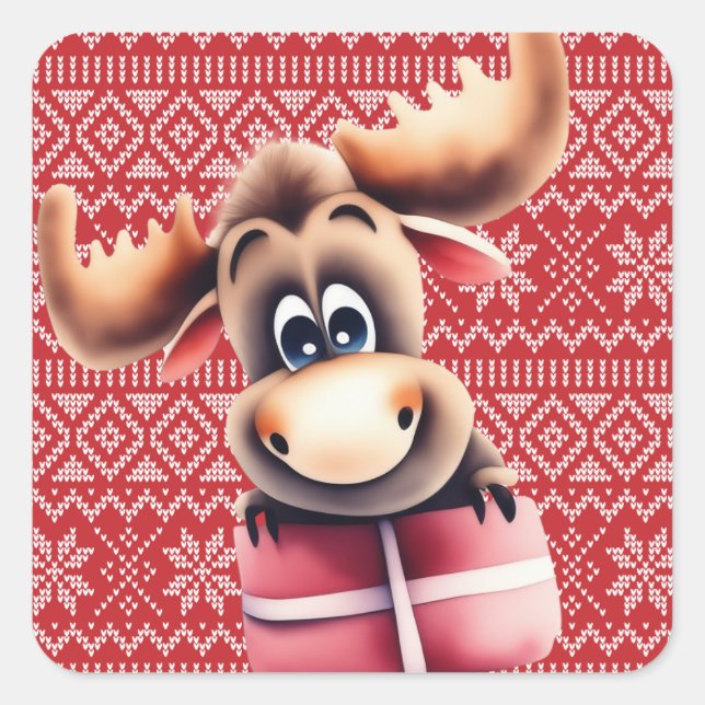 Sticker Carré Cartoon Moose avec cadeau de Noël (Devant)