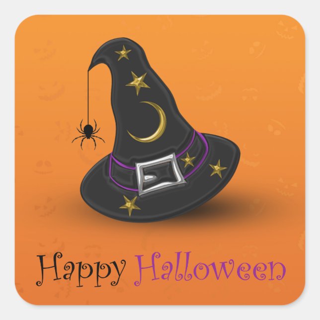 Sticker Carré Casquette de sorcière d'Halloween avec araignée (Devant)
