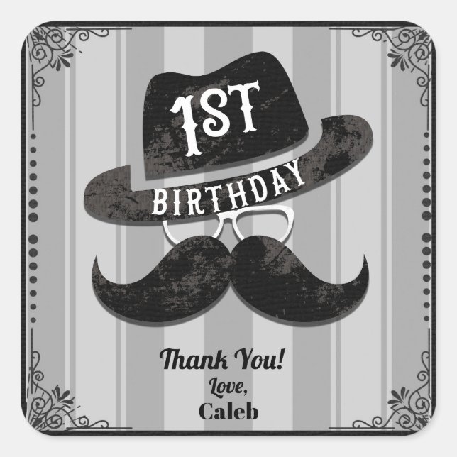 Sticker Carré Casquette Hipster Mustache lunettes 1er fête d'ann (Devant)