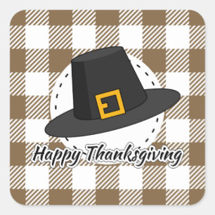 Sticker Carré Casquette pèlerin noir sur plan Brown - Thanksgivi