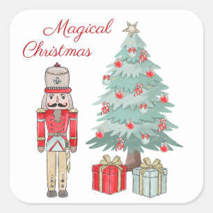 Sticker Carré Casse-noisette, arbre de Noël et cadeaux