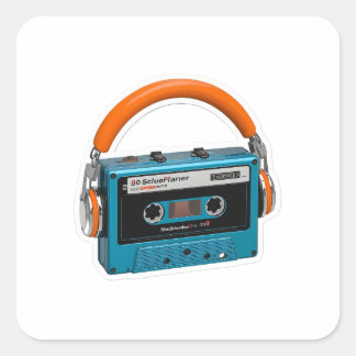 Sticker Carré Cassette audio bleu rétro avec écouteurs orange St