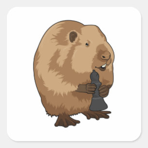 Sticker Carré Castor au jeu d'échecs avec pièce d'échecs Évêque