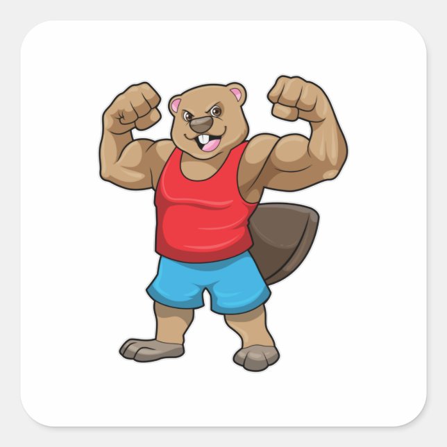Sticker Carré Castor en Bodybuilder avec gros bras (Devant)