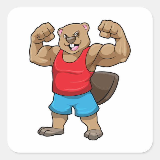 Sticker Carré Castor en Bodybuilder avec gros bras (Devant)