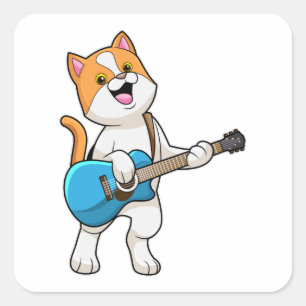 Sticker Carré Cat at Music with Guitar