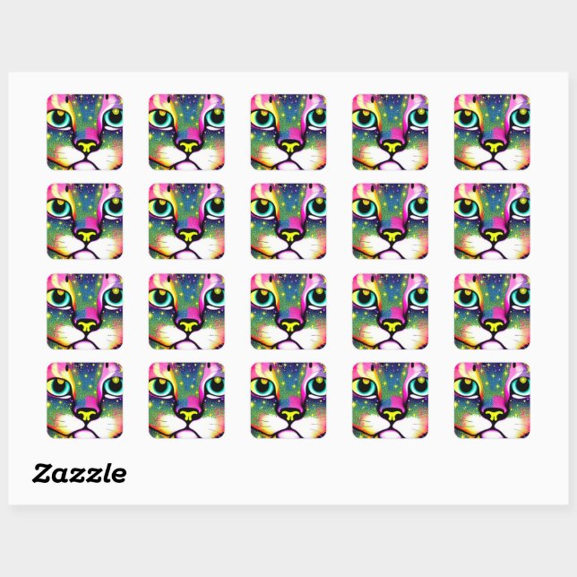 Sticker Carré Cat Face Close Pop Art (Feuille)