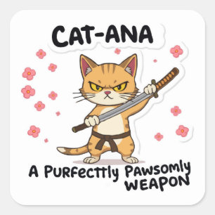 Sticker Carré Catana Samurai - Adorable Chat Warrior
