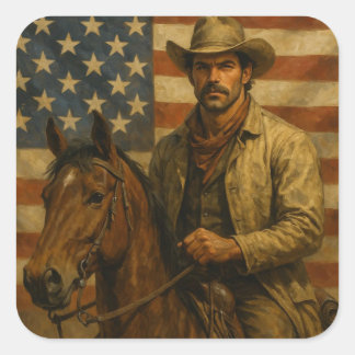 Sticker Carré Cattleman sur un cheval avec drapeau américain agi
