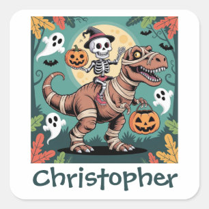 Sticker Carré Cavalier Dino Squelette – Squelette sur T-Rex Momi