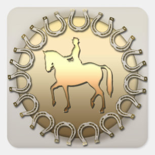 Sticker Carré Cavalier et fers à cheval de cheval de dressage