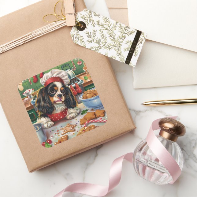 Sticker Carré Cavalier King Charles Spaniel Baking Noël (Cadeaux)