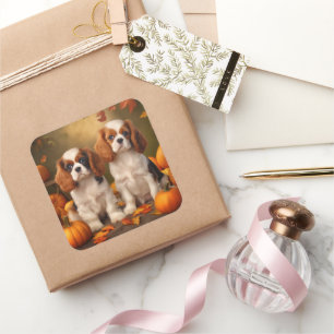 Sticker Carré Cavalier King Charles Spaniel Chiot Citrouille d'a