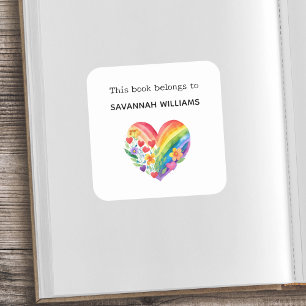 Sticker Carré Ce Livre Appartient À Bookplate Rainbow Heart Kids