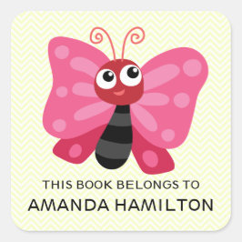 STICKER CARRÉ CE LIVRE APPARTIENT À ROSE CUTE BUTTERFLY JAUNE