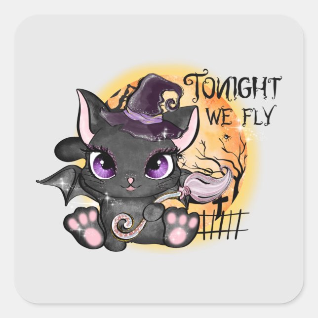 Sticker Carré Ce soir, nous volons - Chat Sorcière Noire (Devant)