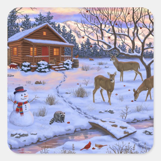 Sticker Carré Cerf Cabine D'Hiver Dans La Scène De Noël De Neige (Devant)