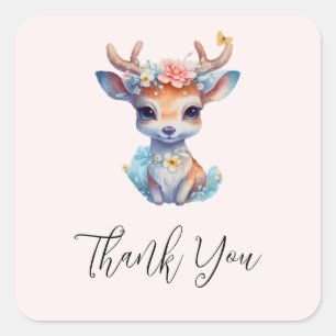 Sticker Carré Cerf de Bébé mignon avec Antlers et Fleurs Merci