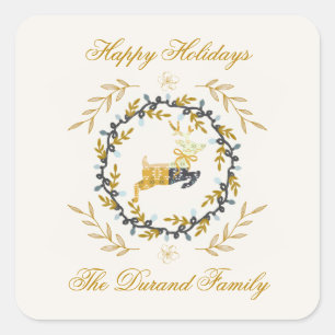 Sticker Carré Cerf de Noël avec Guirlande Crème Jaune