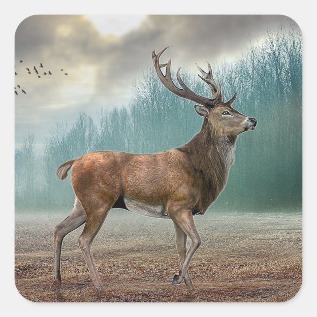 Sticker Carré Cerf Lone Dans La Forêt Misty (Devant)