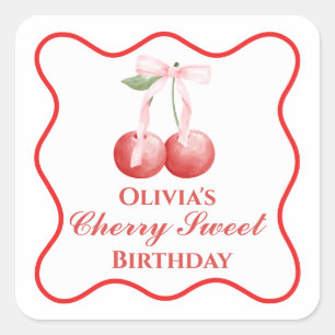 Sticker Carré Cerise Douce anniversaire Ruban Rose Gingham