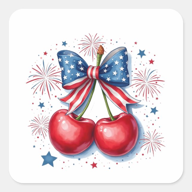 Sticker Carré Cerises avec Coquette Bow 4 juillet Américain (Devant)