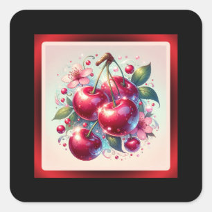Sticker Carré Cerises Mignonnes Rouge Cerise Floral Féminin Rose