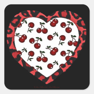 Sticker Carré Cerises Rockabilly RAB Impression Léopard Coeur