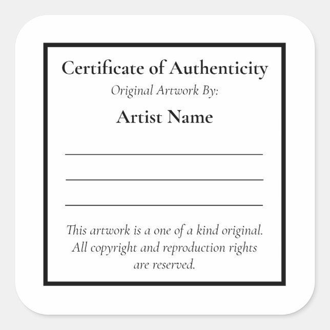 Sticker Carré Certificat d'authenticité personnalisable (Devant)