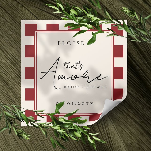 Sticker Carré C'est l'Amour : Réception de Mariage à Carreaux Ro (Channel a romantic vibe with this That's Amore Red Checkered Bridal Shower Sticker! )