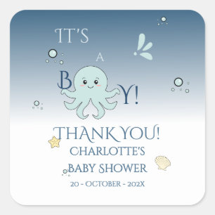 Sticker Carré C'est un garçon ! Animaux de l'océan mignons Baby 