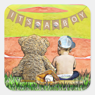 Sticker Carré C'est un garçon, Baseball Sceau de Baby shower à t