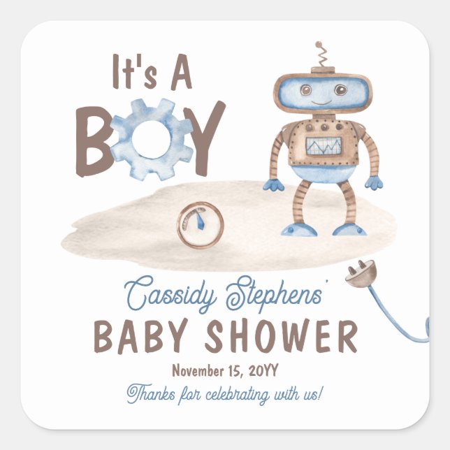 Sticker Carré C'est un garçon mignon bleu | Baby shower Robot Gr (Devant)
