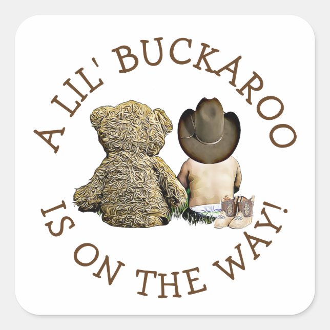 Sticker Carré C'est un petit Baby shower Cowboy (Devant)