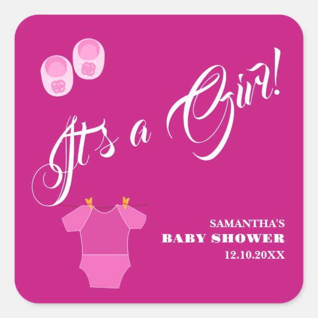Sticker Carré C'est une fille ! Baby shower rose moderne. (Devant)