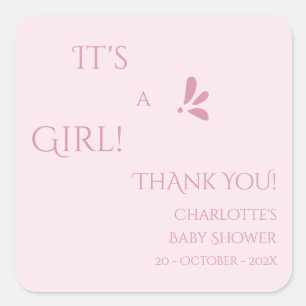 Sticker Carré C'est une fille ! Minimalisme Baby Shower Rose Pas
